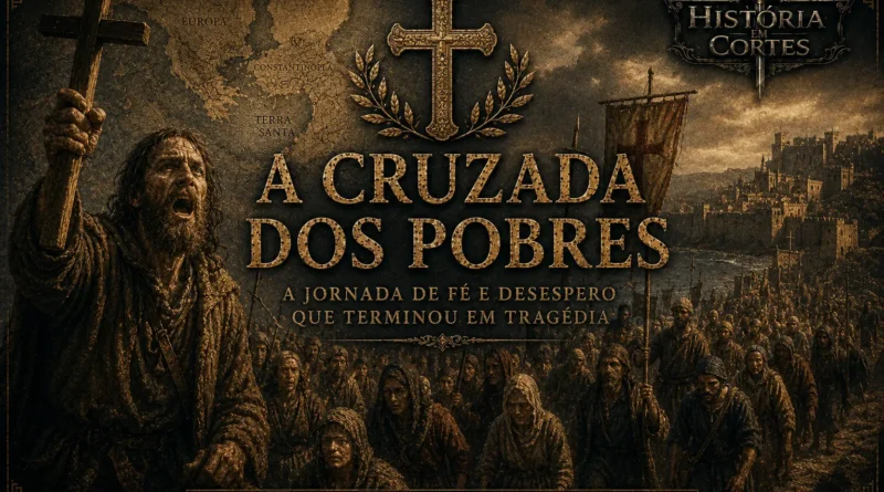 Ilustração da Cruzada dos Pobres mostrando Pedro, o Eremita, liderando uma multidão de peregrinos rumo ao Oriente durante os acontecimentos que antecederam a Primeira Cruzada.