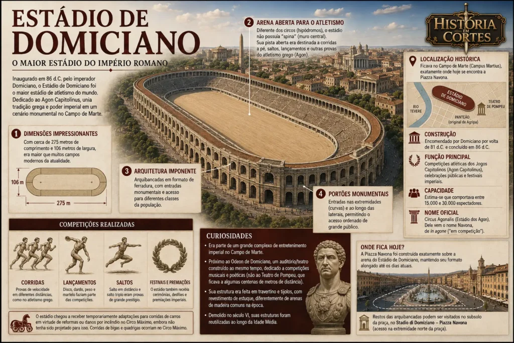 Infográfico sobre o Estádio de Domiciano, construído em Roma no século I d.C., mostrando sua arquitetura, dimensões, localização no Campo de Marte, competições atléticas e a relação com a atual Piazza Navona.