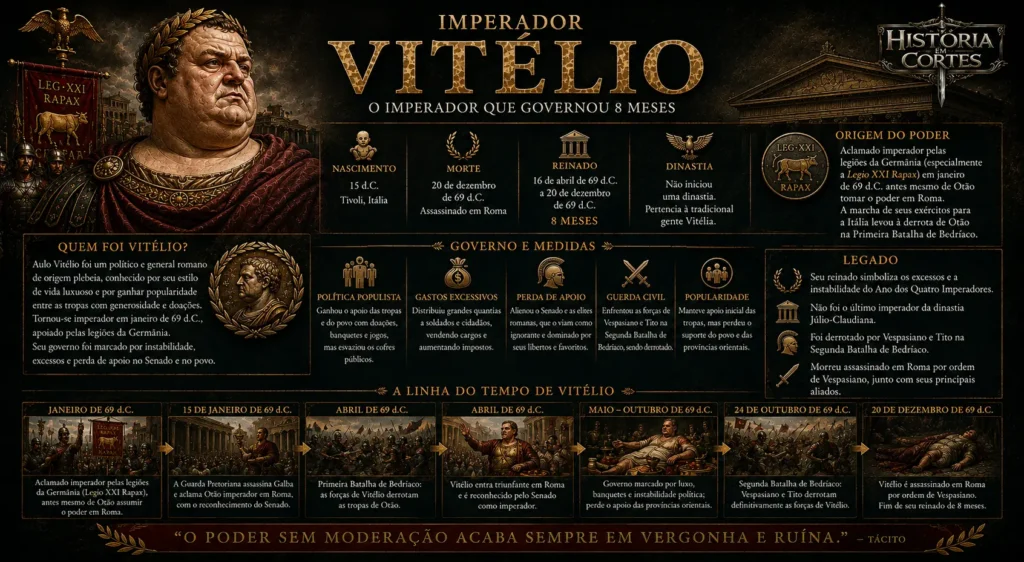 Infográfico sobre o imperador Vitélio, sua ascensão pelas legiões da Germânia, governo e queda no Ano dos Quatro Imperadores.