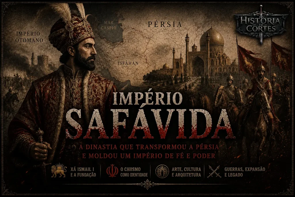 Ilustração do xá Ismail I diante de um mapa da Pérsia, da cidade de Isfahan e de tropas safávidas, representando o Império Safávida.