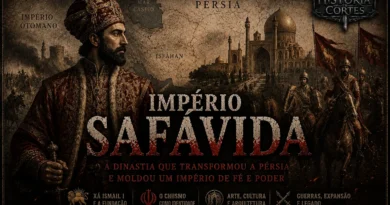 Ilustração do xá Ismail I diante de um mapa da Pérsia, da cidade de Isfahan e de tropas safávidas, representando o Império Safávida.