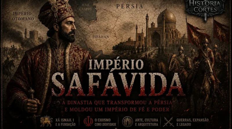 Ilustração do xá Ismail I diante de um mapa da Pérsia, da cidade de Isfahan e de tropas safávidas, representando o Império Safávida.