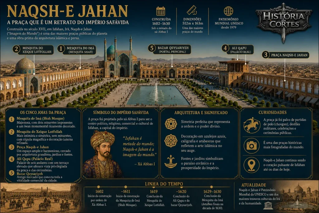 Infográfico sobre a Praça Naqsh-e Jahan, em Isfahan, destacando seus principais monumentos, a arquitetura safávida, a história de sua construção e sua importância como Patrimônio Mundial da UNESCO.