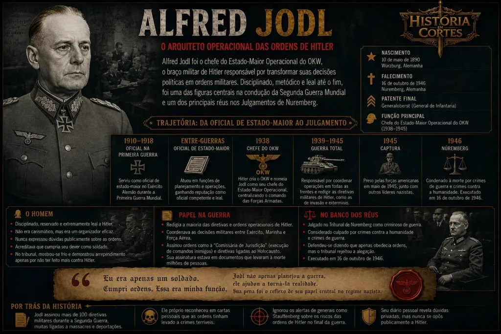Infográfico sobre Alfred Jodl, general alemão e chefe do Estado-Maior Operacional do OKW durante a Segunda Guerra Mundial.
