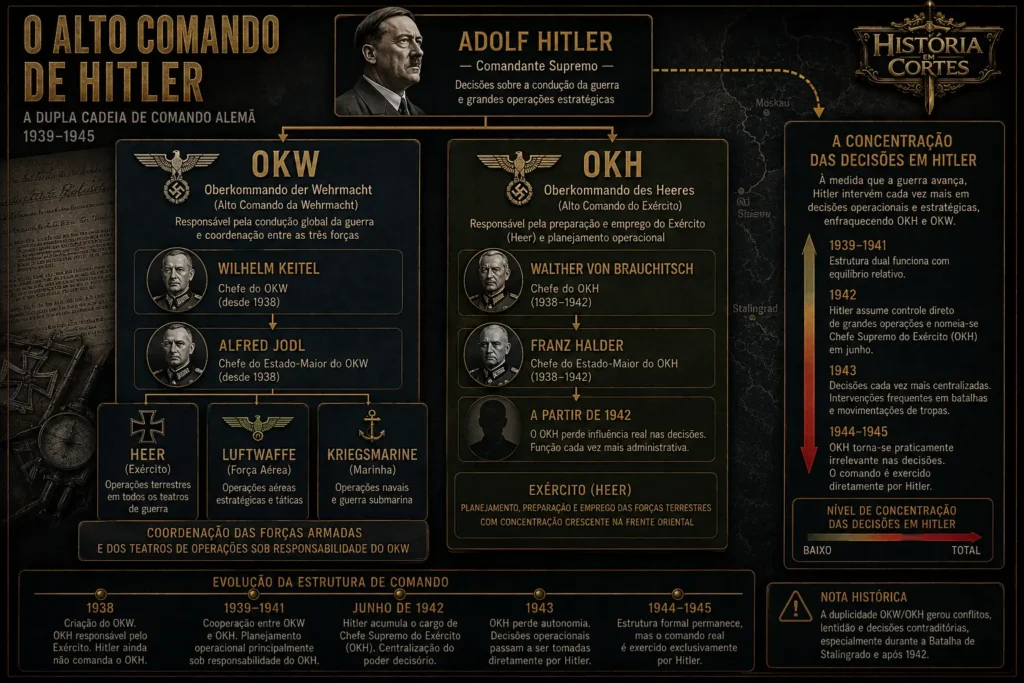 Organograma do Alto Comando de Hitler mostrando a estrutura do OKW e do OKH durante a Segunda Guerra Mundial