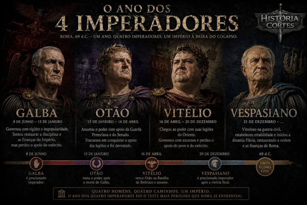 Infográfico sobre o Ano dos Quatro Imperadores em 69 d.C., com Galba, Otão, Vitélio e Vespasiano.