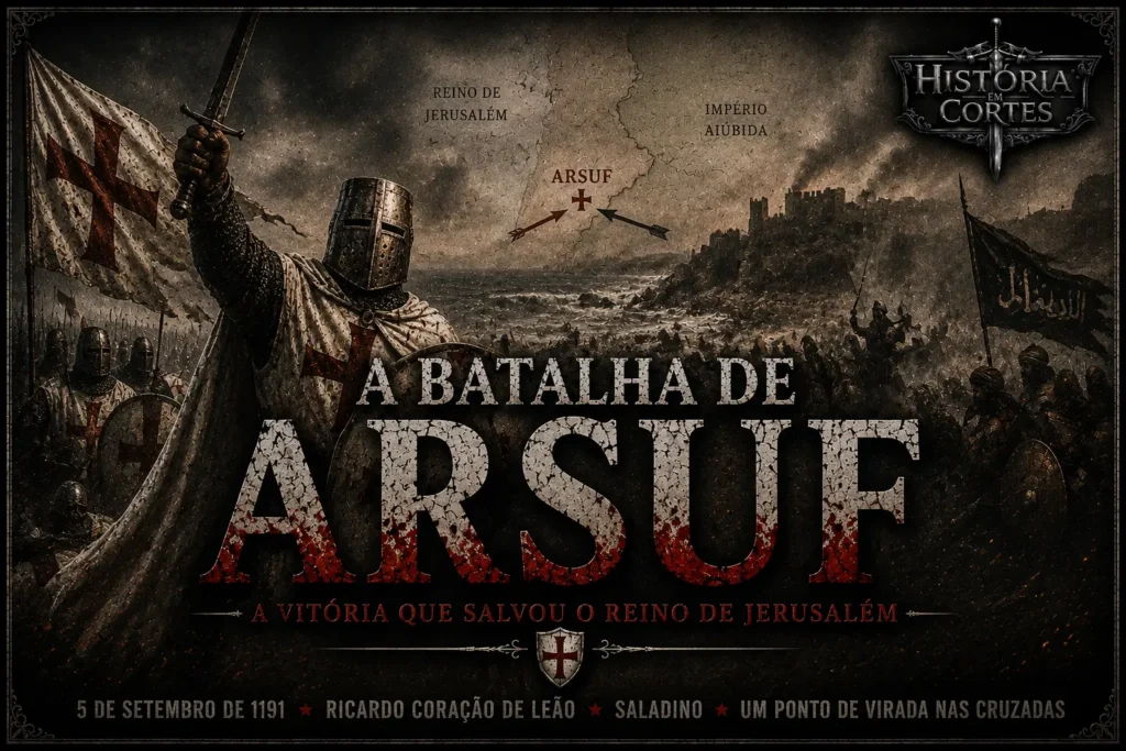 Ilustração da Batalha de Arsuf em 1191 mostrando cavaleiros cruzados liderados por Ricardo Coração de Leão enfrentando o exército de Saladino durante a Terceira Cruzada.