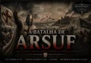 Ilustração da Batalha de Arsuf em 1191 mostrando cavaleiros cruzados liderados por Ricardo Coração de Leão enfrentando o exército de Saladino durante a Terceira Cruzada.
