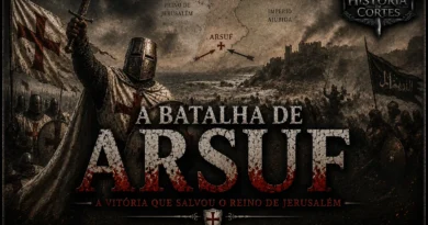 Ilustração da Batalha de Arsuf em 1191 mostrando cavaleiros cruzados liderados por Ricardo Coração de Leão enfrentando o exército de Saladino durante a Terceira Cruzada.
