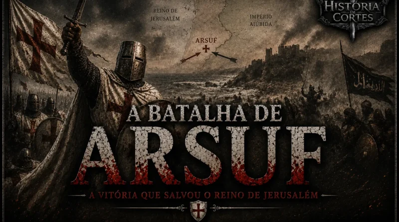 Ilustração da Batalha de Arsuf em 1191 mostrando cavaleiros cruzados liderados por Ricardo Coração de Leão enfrentando o exército de Saladino durante a Terceira Cruzada.