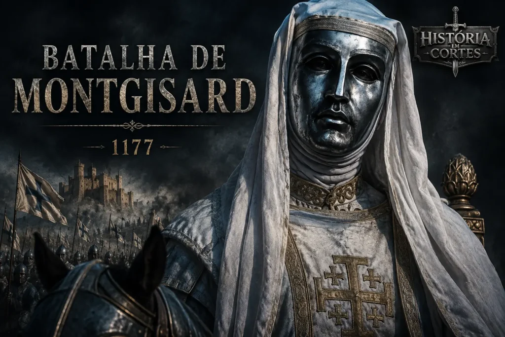 Batalha de Montgisard em 1177, com representação de Balduíno IV de Jerusalém e o exército cruzado.