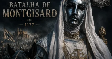Batalha de Montgisard em 1177, com representação de Balduíno IV de Jerusalém e o exército cruzado.