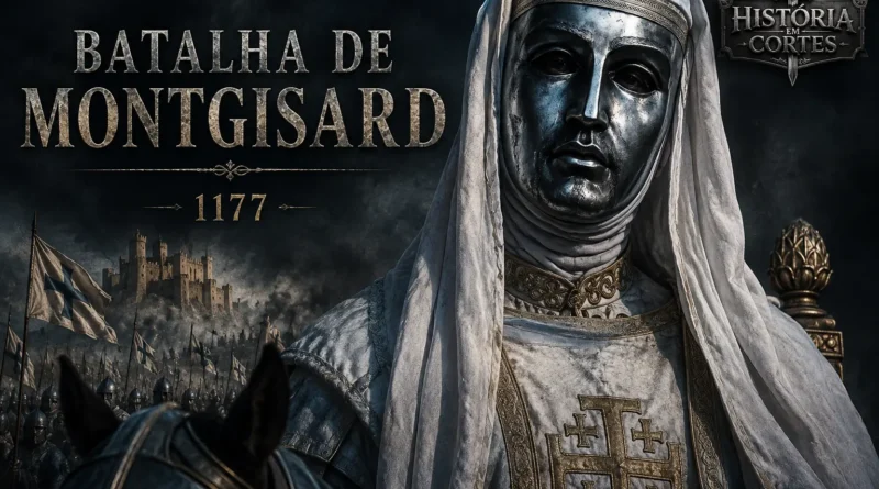 Batalha de Montgisard em 1177, com representação de Balduíno IV de Jerusalém e o exército cruzado.