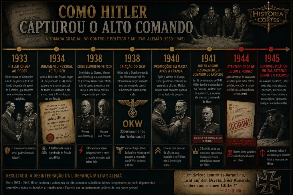Linha do tempo mostrando como Hitler assumiu gradualmente o controle do alto comando militar alemão entre 1933 e 1945.