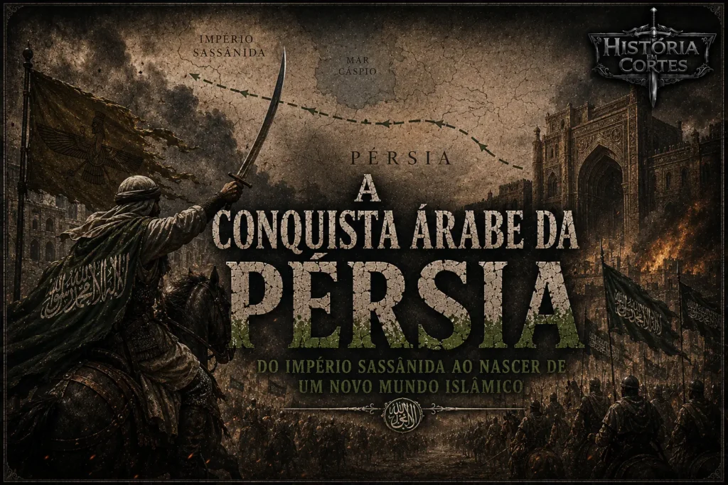 Ilustração detalhada e épica mostrando um guerreiro árabe a cavalo erguendo uma espada e uma bandeira com inscrições em arábe, com exércitos e construções antigas ao fundo sob um céu sombrio. No centro, o texto "A Conquista Árabe da Pérsia".
