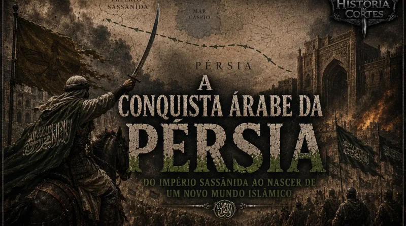 Ilustração detalhada e épica mostrando um guerreiro árabe a cavalo erguendo uma espada e uma bandeira com inscrições em arábe, com exércitos e construções antigas ao fundo sob um céu sombrio. No centro, o texto "A Conquista Árabe da Pérsia".