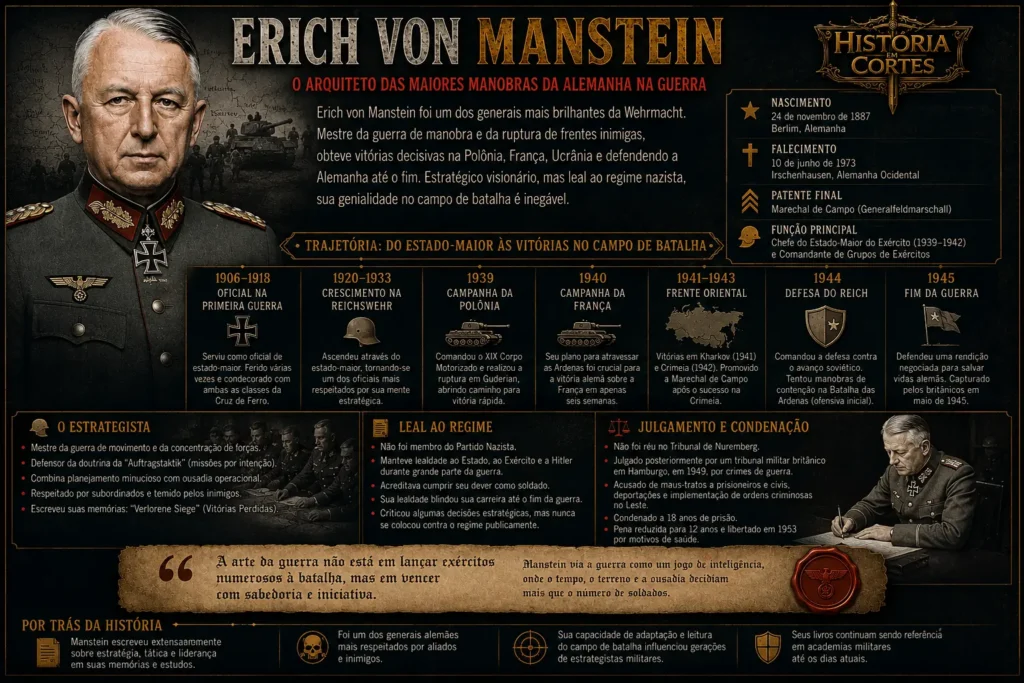 Infográfico sobre Erich von Manstein, marechal de campo alemão e um dos principais estrategistas da Wehrmacht na Segunda Guerra Mundial.