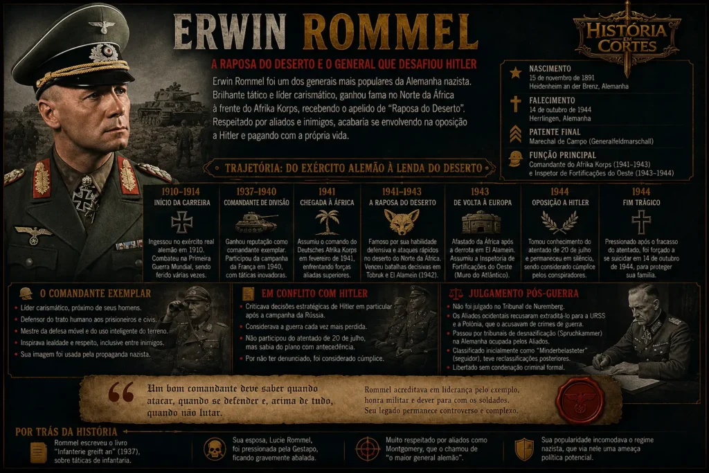 Infográfico sobre Erwin Rommel, marechal de campo alemão conhecido como Raposa do Deserto e comandante do Afrika Korps na Segunda Guerra Mundial.