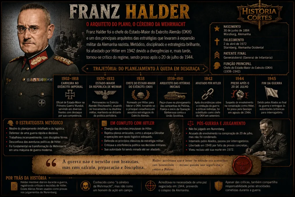 Infográfico sobre Franz Halder, general alemão e chefe do Estado-Maior do Exército durante os primeiros anos da Segunda Guerra Mundial.