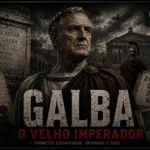Ilustração de Galba, imperador romano que governou entre 68 e 69 d.C., retratado em destaque diante de Roma durante a crise do Ano dos Quatro Imperadores.