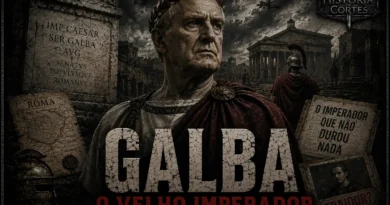 Ilustração de Galba, imperador romano que governou entre 68 e 69 d.C., retratado em destaque diante de Roma durante a crise do Ano dos Quatro Imperadores.
