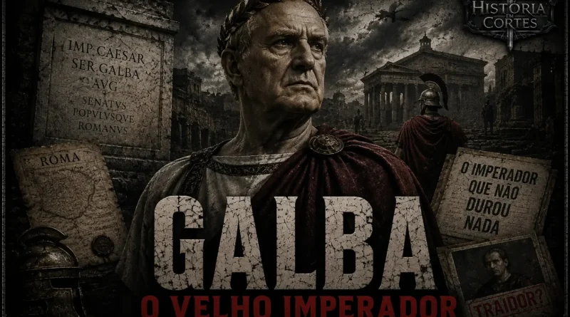 Ilustração de Galba, imperador romano que governou entre 68 e 69 d.C., retratado em destaque diante de Roma durante a crise do Ano dos Quatro Imperadores.