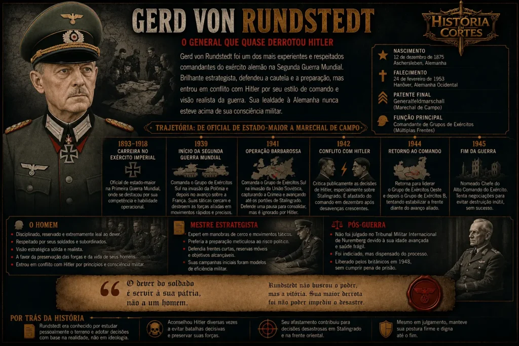Infográfico sobre Gerd von Rundstedt, marechal de campo alemão e comandante de grupos de exércitos durante a Segunda Guerra Mundial.