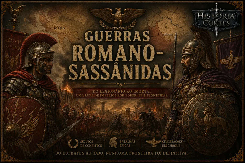 Ilustração das Guerras Romano-Sassânidas mostrando um legionário romano e um guerreiro sassânida frente a frente, simbolizando séculos de conflitos entre os Impérios Romano e Sassânida.