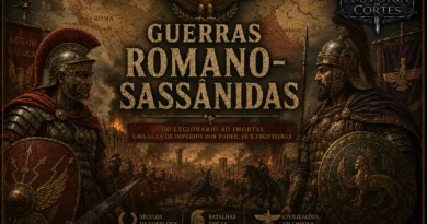 Ilustração das Guerras Romano-Sassânidas mostrando um legionário romano e um guerreiro sassânida frente a frente, simbolizando séculos de conflitos entre os Impérios Romano e Sassânida.