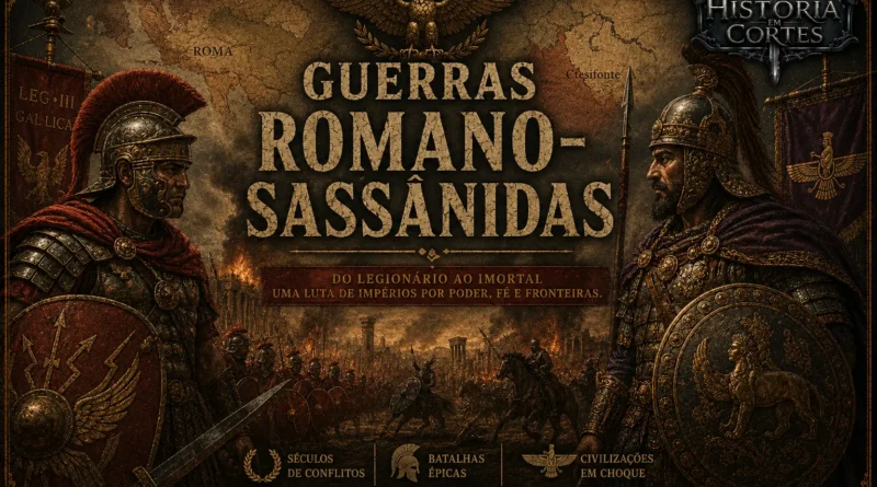 Ilustração das Guerras Romano-Sassânidas mostrando um legionário romano e um guerreiro sassânida frente a frente, simbolizando séculos de conflitos entre os Impérios Romano e Sassânida.