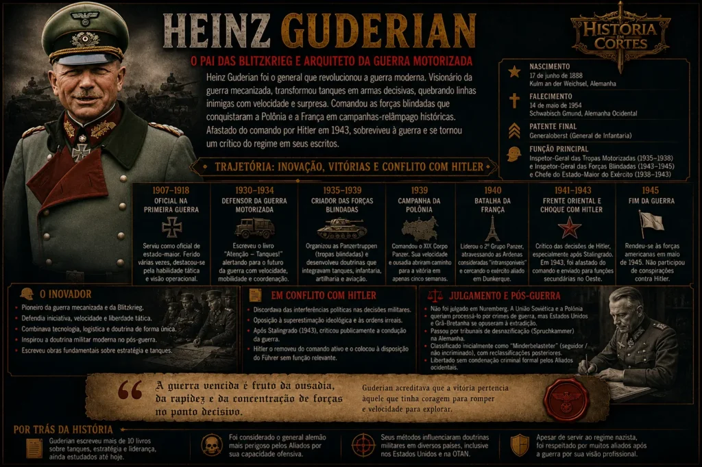 Infográfico sobre Heinz Guderian, general alemão e um dos principais pioneiros da guerra blindada durante a Segunda Guerra Mundial.