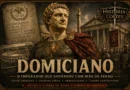 Ilustração do imperador romano Domiciano em armadura e manto púrpura diante de legionários e monumentos de Roma, representando seu governo marcado por centralização do poder, grandes obras públicas e um legado controverso.