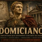 Ilustração do imperador romano Domiciano em armadura e manto púrpura diante de legionários e monumentos de Roma, representando seu governo marcado por centralização do poder, grandes obras públicas e um legado controverso.