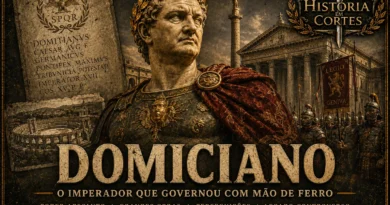Ilustração do imperador romano Domiciano em armadura e manto púrpura diante de legionários e monumentos de Roma, representando seu governo marcado por centralização do poder, grandes obras públicas e um legado controverso.