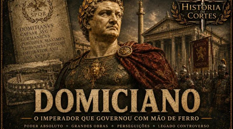 Ilustração do imperador romano Domiciano em armadura e manto púrpura diante de legionários e monumentos de Roma, representando seu governo marcado por centralização do poder, grandes obras públicas e um legado controverso.