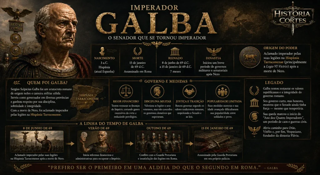 Infográfico sobre o imperador Galba, seu governo, ascensão ao poder na Hispânia Tarraconense e morte em 69 d.C.