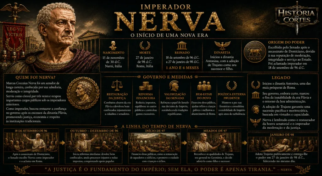 Infográfico sobre o imperador Nerva, seu governo entre 96 e 98 d.C., reformas e adoção de Trajano como sucessor.