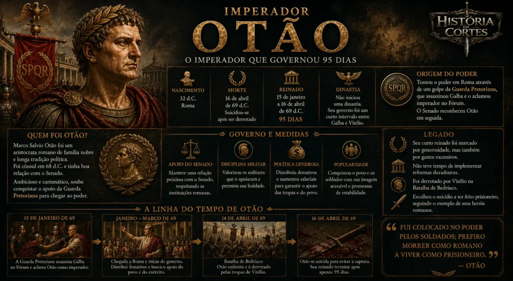 Infográfico sobre o imperador Otão, seu governo de 95 dias, ascensão com a Guarda Pretoriana e queda em 69 d.C.