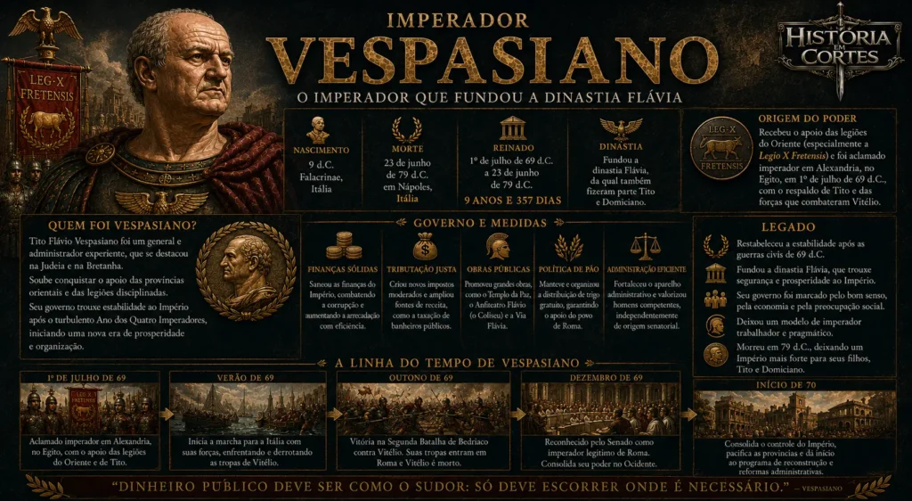 Infográfico sobre o imperador Vespasiano, sua ascensão em 69 d.C., governo e fundação da dinastia Flávia.