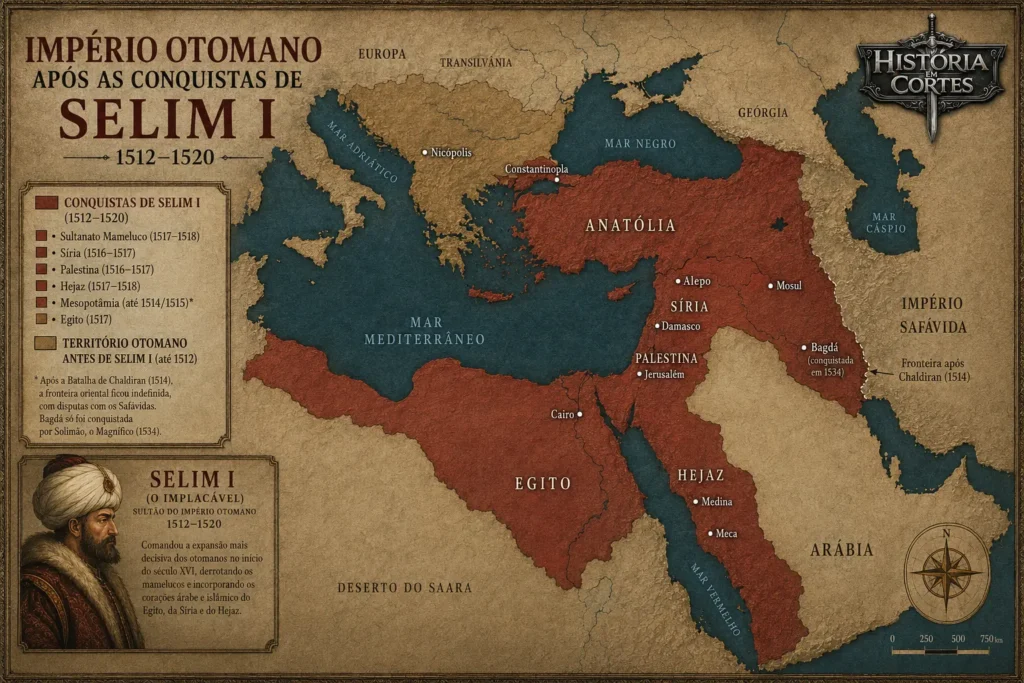 Mapa do Império Otomano após as conquistas de Selim I entre 1512 e 1520