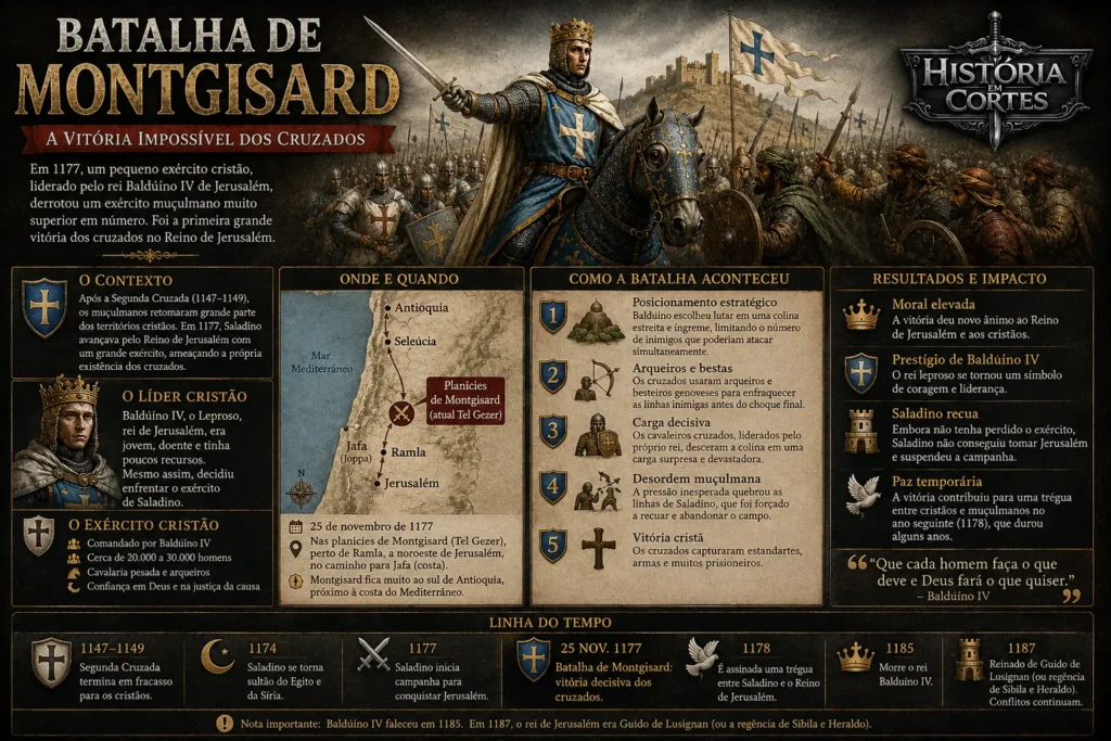Infográfico sobre a Batalha de Montgisard de 1177, vitória de Balduíno IV de Jerusalém contra o exército de Saladino durante as Cruzadas.