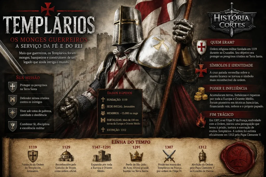 Infográfico sobre os Templários com cavaleiro medieval, missão da Ordem do Templo, símbolos, poder, queda e linha do tempo de 1119 a 1312.