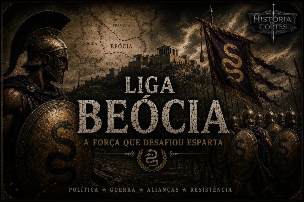 Ilustração da Liga Beócia mostrando hoplitas tebanos, estandarte beócio e mapa da Beócia, representando a aliança militar que desafiou Esparta na Grécia Antiga.