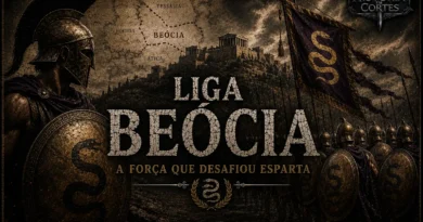 Ilustração da Liga Beócia mostrando hoplitas tebanos, estandarte beócio e mapa da Beócia, representando a aliança militar que desafiou Esparta na Grécia Antiga.