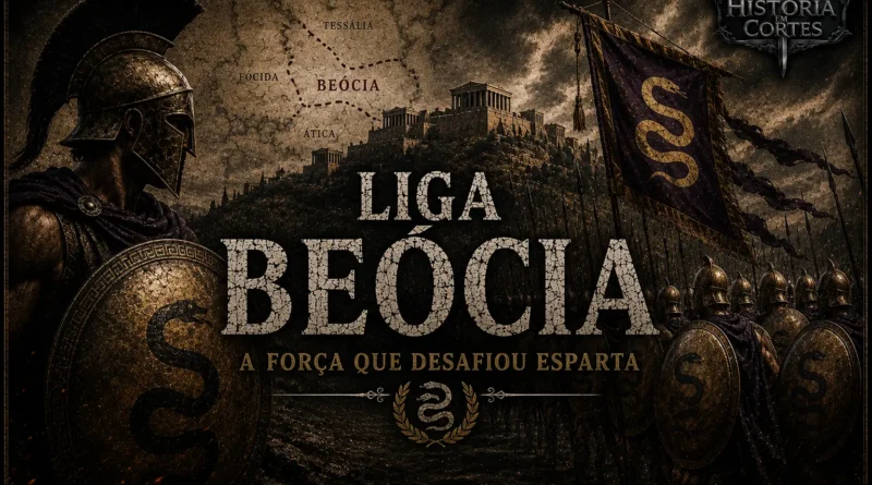 Ilustração da Liga Beócia mostrando hoplitas tebanos, estandarte beócio e mapa da Beócia, representando a aliança militar que desafiou Esparta na Grécia Antiga.