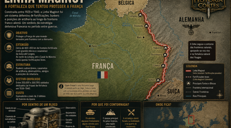 Infográfico com mapa da Linha Maginot mostrando as fortificações francesas na fronteira com a Alemanha, principais setores fortificados, estrutura de um bloco defensivo e explicação sobre o avanço alemão pelas Ardenas em 1940.