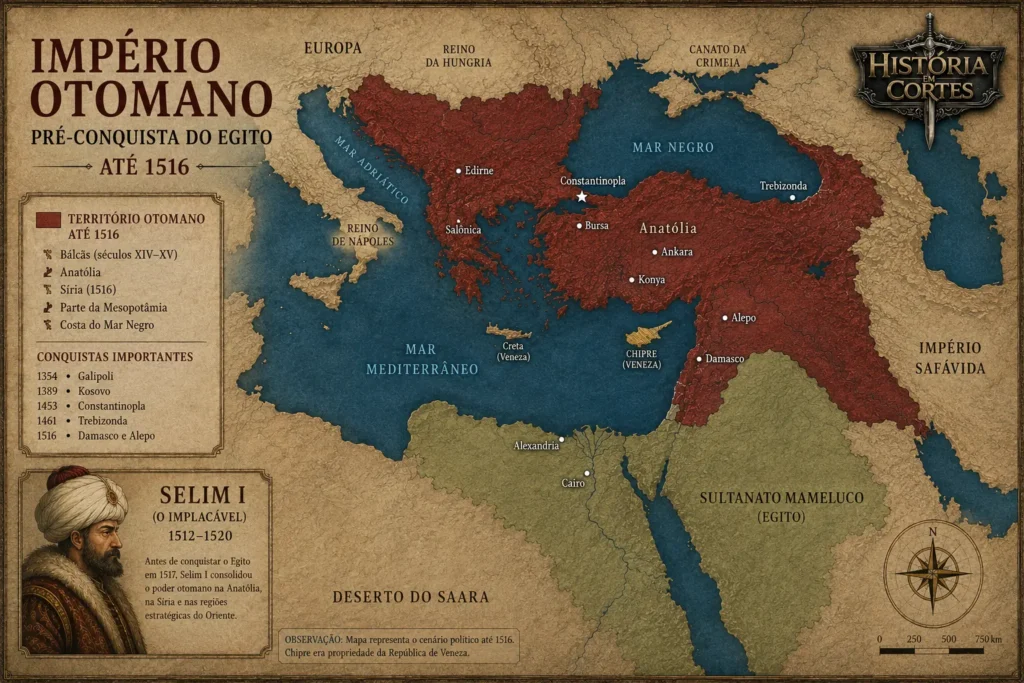 Mapa do Império Otomano em 1516, antes da conquista do Egito por Selim I