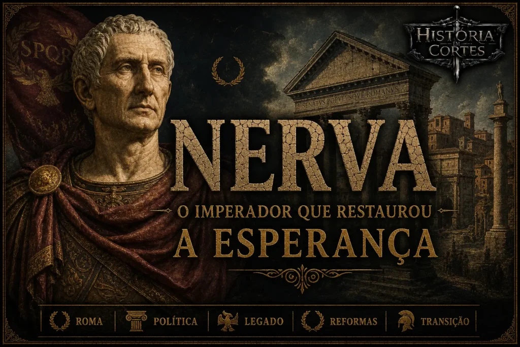 Imperador Nerva diante de construções da Roma Antiga, representando seu governo e a transição para a dinastia dos Antoninos