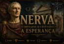 Imperador Nerva diante de construções da Roma Antiga, representando seu governo e a transição para a dinastia dos Antoninos