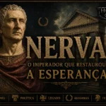 Imperador Nerva diante de construções da Roma Antiga, representando seu governo e a transição para a dinastia dos Antoninos